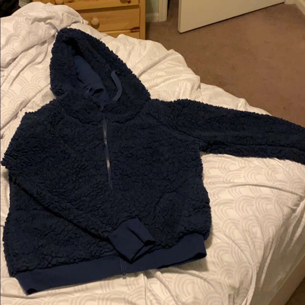 navy blue zip up sherpa